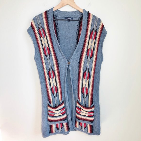 Vintage Jackets & Blazers - Vintage Boho Western Cottagecore Oversized Aztec Knit Long Vest Sweater Bohemian